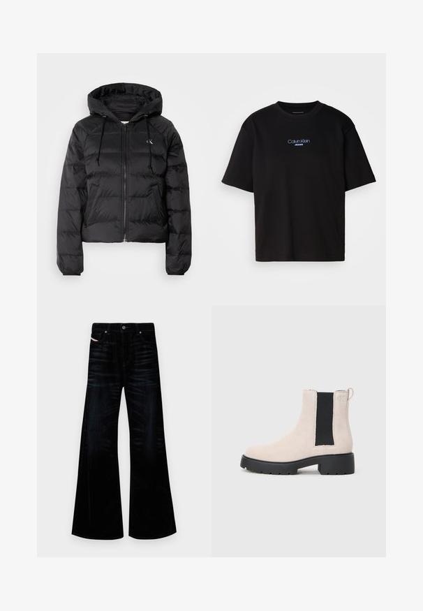 Calvin Klein Jeans LIGHTWEIGHT LOGO PUFFER - Casaco de inverno - black; T-shirt preta de algodão com gola redonda, mangas curtas e logo bordado azul "Calvin Klein JEANS" na parte da frente.; Calças flare pretas em denim escuro, com um design clássico de cinco bolsos, acessórios em metal e variações de textura sutis.; Bota Chelsea em camurça bege com painel elástico preto, sola grossa preta e puxador no tornozelo.