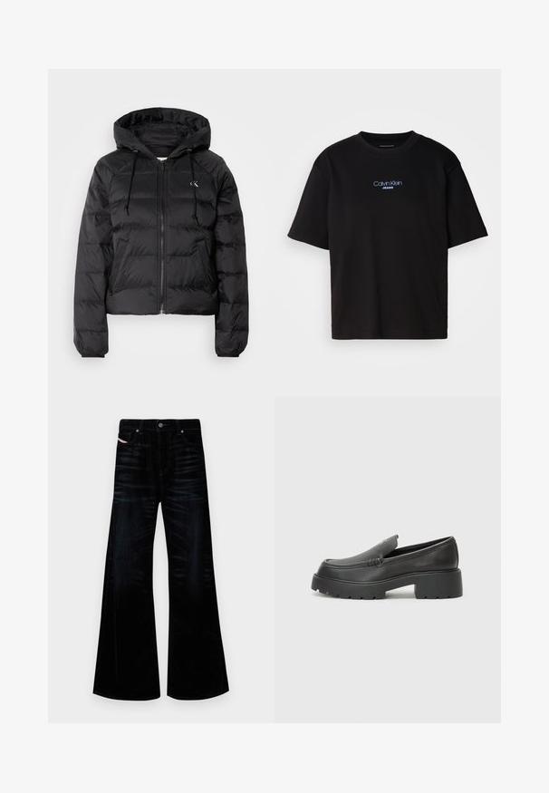Calvin Klein Jeans LIGHTWEIGHT LOGO PUFFER - Zimska jakna - black; Črna bombažna majica s krožnim izrezom, kratkimi rokavi in modrim vezenim logotipom "Calvin Klein JEANS" na sprednji strani.; Črne široke kavbojke iz temno modrega denima, ki imajo klasično zasnovo s petimi žepi, kovinsko opremo in subtilne različice teksture.; Črne usnjene loafers čevlje z zaobljenim nosom, debelim teksturiranim podplatom in minimalnimi šivi. Elegantna zasnova brez vidnih vezalk ali kovinskih delov.