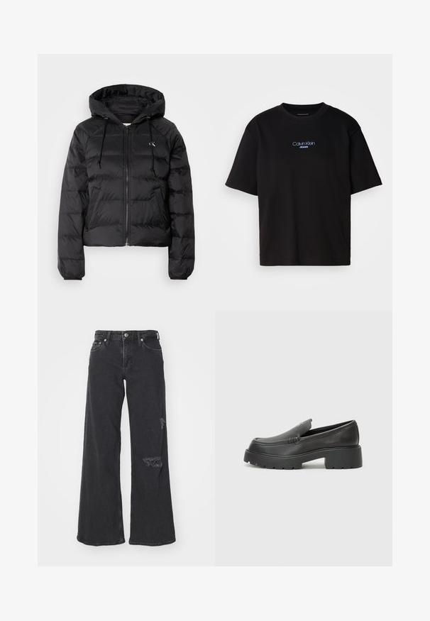 Calvin Klein Jeans LIGHTWEIGHT LOGO PUFFER - Talvejope - black; Mustmust särk ümmarguse kaelusega, lühikeste varrukatega ja sinise tikandiga "Calvin Klein JEANS" logo ees.; Laia mustaga denimit, millel on pragunenud detailid alumisel paremal jalal. Omab klassikalist nupu sulgemist ja viie tasku disaini.; Mustad nahast loafers ümarate varvastega, paksu tekstuuriga tald ja minimaalsete õmbluse detailidega. Viimistletud disain, kus pole nähtavaid paelu ega riistu.