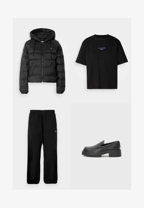 Calvin Klein Jeans LIGHTWEIGHT LOGO PUFFER - Winterjacke - black; Schwarzes Baumwoll-T-Shirt mit Rundhalsausschnitt, kurzen Ärmeln und blau gesticktem "Calvin Klein JEANS"-Logo auf der Vorderseite.; Schwarze Sweatpants mit einem elastischen Bund, weit geschnittenen Beinen und einem kleinen Logodetail auf der linken Seite. Glatte Stoffoberfläche.; Schwarze Lederloafer mit einer abgerundeten Spitze, dicker strukturierten Laufsohle und minimalen Nähten. Schlankes Design ohne sichtbare Schnürsenkel oder Beschläge.