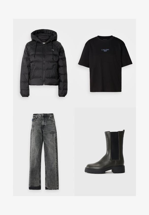 Calvin Klein Jeans LIGHTWEIGHT LOGO PUFFER - Winter jacket - black; Black cotton t-shirt with a round neck, short sleeves, and blue embroidered "Calvin Klein JEANS" logo on the front.; Wide-leg black denim jeans with a faded wash, distressed detailing on the front, and standard five-pocket design.; Green leather ankle boot with elastic side panels, rounded toe, and rubber sole. Features a textured finish and a block heel.