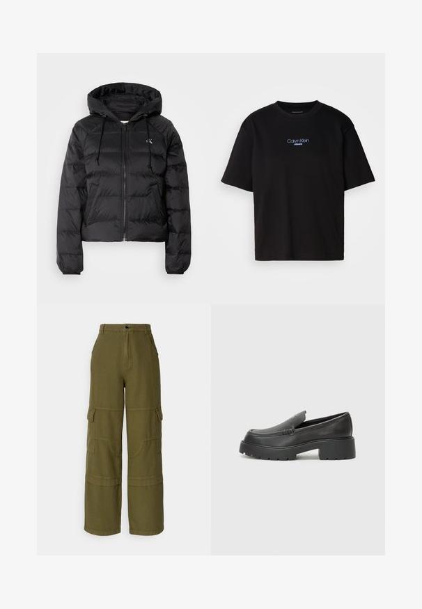 Calvin Klein Jeans LIGHTWEIGHT LOGO PUFFER - Talvejope - black; Mustmust särk ümmarguse kaelusega, lühikeste varrukatega ja sinise tikandiga "Calvin Klein JEANS" logo ees.; Oliivroheline cargo-püksid kõrge vöökoha, laiad jalad, mitme tasku ja kontrastse õmblusega. Valmistatud vastupidavast kangast.; Mustad nahast loafers ümarate varvastega, paksu tekstuuriga tald ja minimaalsete õmbluse detailidega. Viimistletud disain, kus pole nähtavaid paelu ega riistu.