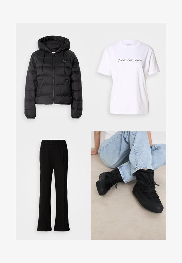 Calvin Klein Jeans LIGHTWEIGHT LOGO PUFFER - Winter jacket - black; White cotton t-shirt with short sleeves, featuring black text "Calvin Klein Jeans" across the front. Crew neck design, smooth texture.; Black elastic waist pants with a flared design, featuring clean lines and no visible embellishments. Made from a smooth, stretchable fabric.; Black ankle-high sneakers with a padded upper, textured fabric, and adjustable laces. Thick rubber soles and a sleek, minimalist design.
