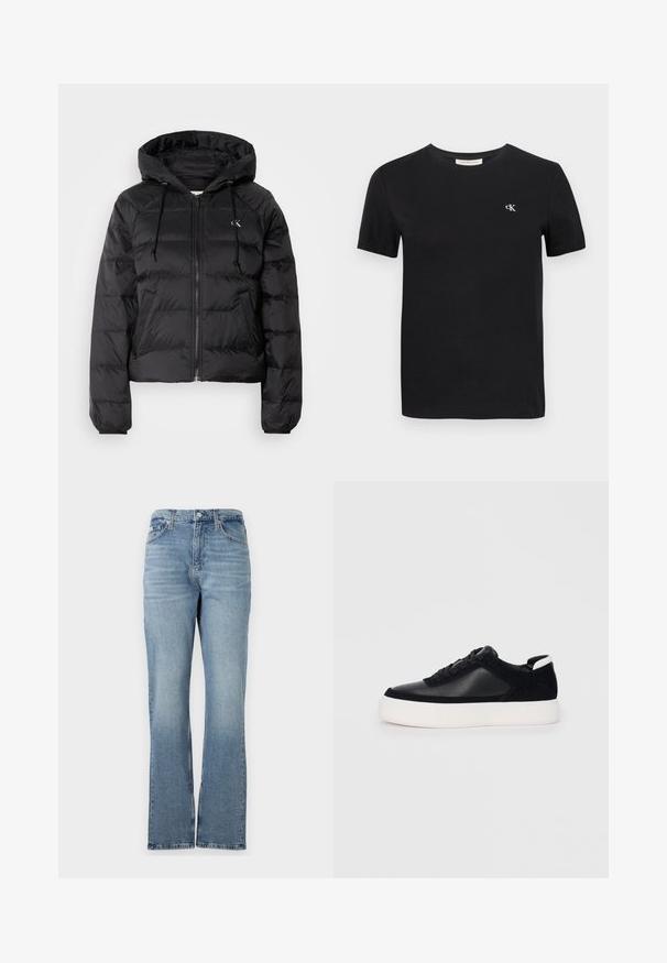 Calvin Klein Jeans LIGHTWEIGHT LOGO PUFFER - Téli dzseki - black; Fekete pamut póló klasszikus kerek nyakkal, rövid ujjakkal és egy kis fehér hímzett "ck" logóval a mellen.; Világoskék farmernadrág, egyenes lábbal, öt zsebes kialakítással, övhurkokkal és cipzáras nyitással. Az anyag finom textúrával rendelkezik.; Fekete sportcipő sima bőrből és velúr panelekkel, lapos fűzőkkel, kerek orral és fehér gumi talppal. Megkülönböztető logó a sarkán.