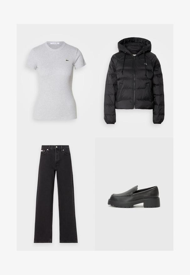 Calvin Klein Jeans LIGHTWEIGHT LOGO PUFFER - Casaco de inverno - black; T-shirt ajustada de manga curta cinza claro com decote redondo e um pequeno logo de crocodilo verde da Lacoste no lado esquerdo do peito.; Jeans de perna larga pretos feitos de denim, apresentando uma cintura alta, estilo de cinco bolsos e um fecho em botão de metal com costura contrastante.; Mocassins de couro preto com bico arredondado, sola espessa e texturizada, e detalhes de costura minimalistas. Design elegante sem atacadores ou ferragens visíveis.