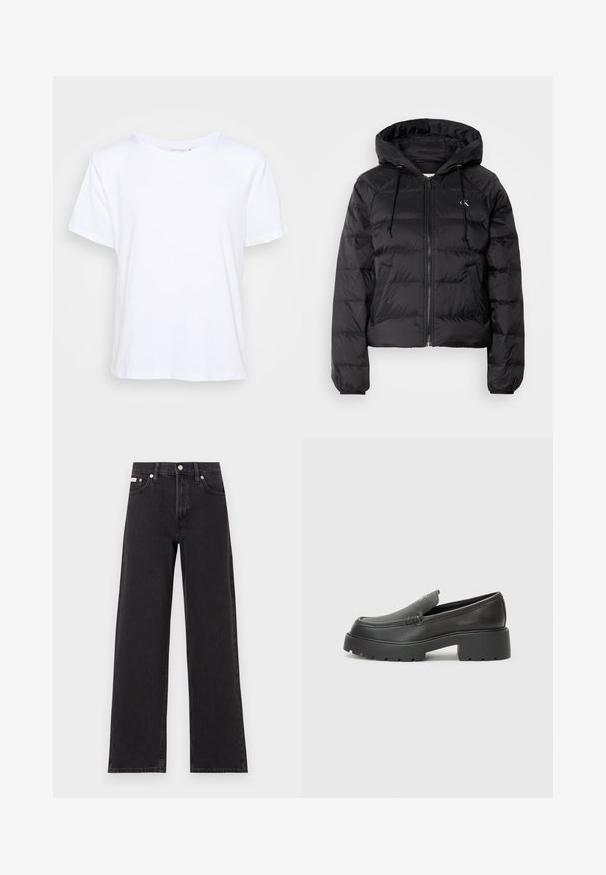 Calvin Klein Jeans LIGHTWEIGHT LOGO PUFFER - Vinterjacka - black; Vit bomullströja med rund hals, korta ärmar och avslappnad passform, med en slät yta och minimalistisk design.; Svarta vida jeans i denim med hög midja, fem fickor och metallknappstängning med kontrasterande sömmar.; Svarta läderloafers med rund tå, tjockt strukturerat såle och minimala sömnadsdetaljer. Snygg design utan synliga snören eller beslag.