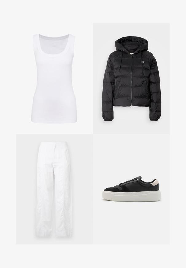 Calvin Klein Jeans LIGHTWEIGHT LOGO PUFFER - Winter jacket - black; White sleeveless tank top made of smooth fabric, featuring a rounded neckline and a fitted silhouette. No visible patterns or accents.; White wide-leg trousers made of lightweight fabric, featuring a smooth texture, clean lines, and a high waist design.; Black leather and suede sneakers with a white platform sole, featuring laces, and a light pink accent on the heel.