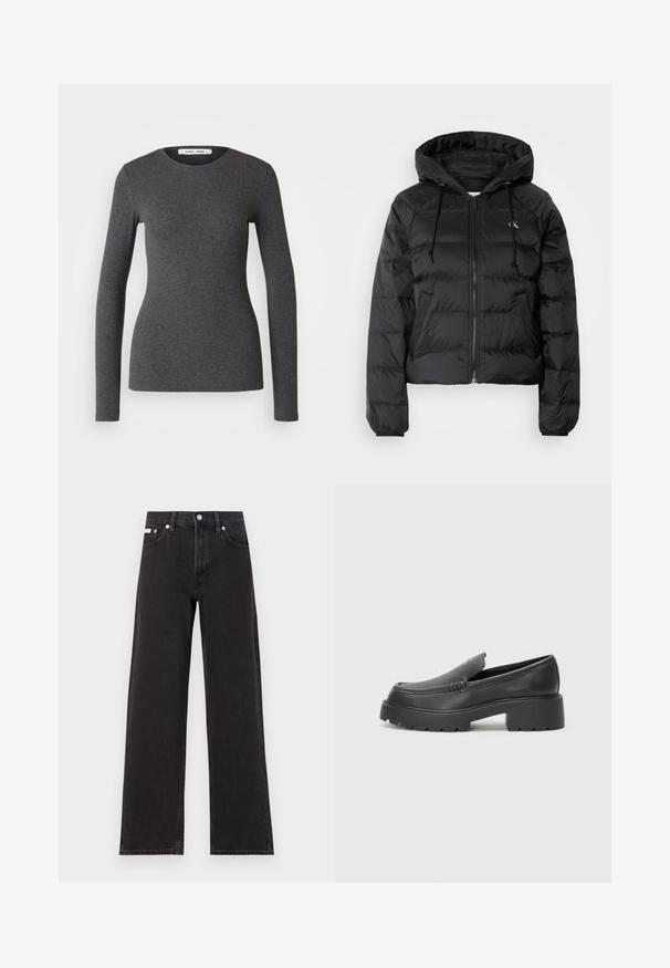 Calvin Klein Jeans LIGHTWEIGHT LOGO PUFFER - Ziemas jaka - black; Ilgi piedurkņu, apaļo kakla krekls tumši pelēkā krāsā, izgatavots no ribota auduma ar pieguļošu dizainu, ar gludu tekstūru un minimālu apdari.; Melni platmalu džinsi, kas izgatavoti no denima, ar augstu vidukli, piecu kabatu dizainu un metāla pogas aizdari ar kontrastējošu šuvumu.; Melnas ādas mokasīni ar noapaļotu purngalu, biezs teksturēts zoles un minimālas dūriena detaļas. Gluds dizains bez redzamām auklām vai metāla elementiem.