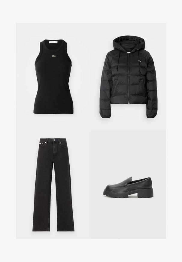 Calvin Klein Jeans LIGHTWEIGHT LOGO PUFFER - Zimska jakna - black; Crni bezrukavni rebrasti top s okruglim izrezom i malim zelenim Lacoste krokodil logotipom centriranim ispod izreza.; Crne široke traperice od denima, s visokim strukom, pet džepova i metalnim zatvaranjem s kontrastnim šavovima.; Crne kožne loaferice s zaobljenim vrhom, debelim teksturiranim potplatom i minimalnim detaljima šivanja. Elegantna izrada bez vidljivih vezica ili metalnih elemenata.