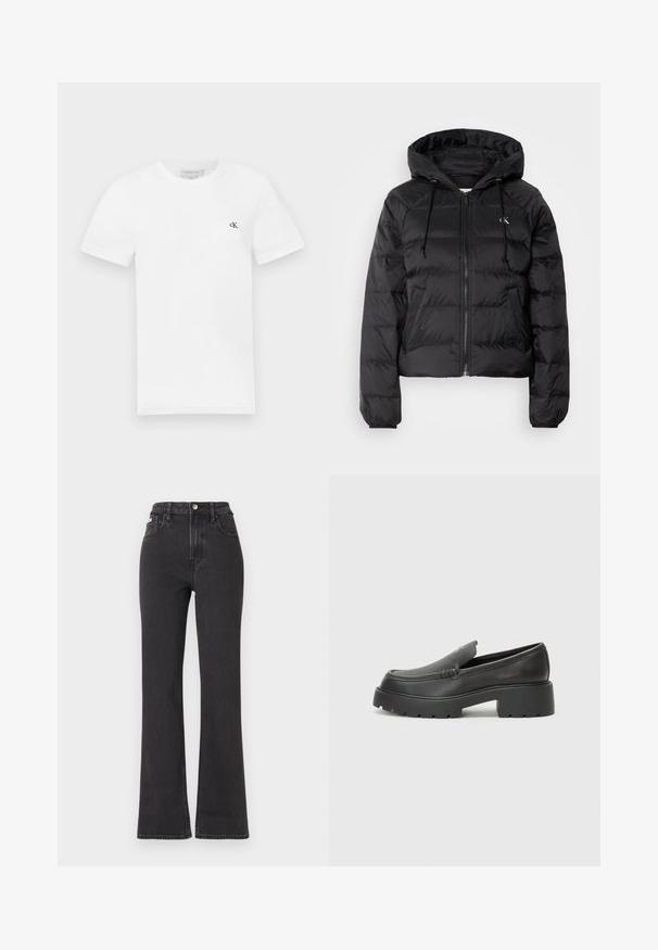 Calvin Klein Jeans LIGHTWEIGHT LOGO PUFFER - Vinterjakker - black; Hvid bomulds t-shirt med korte ærmer og rund halsudskæring. Har et lille sorte "ck" logo på venstre bryst. Glat tekstur.; Sorte højtaljede flagrende jeans lavet af denim, med knaplukning, bæltestropper og sidelommer. Glat tekstur med minimal falming.; Sorte læder loafers med rund tå, tyk tekstureret sål og minimale syninger. Elegant design uden synlige snørebånd eller hardware.