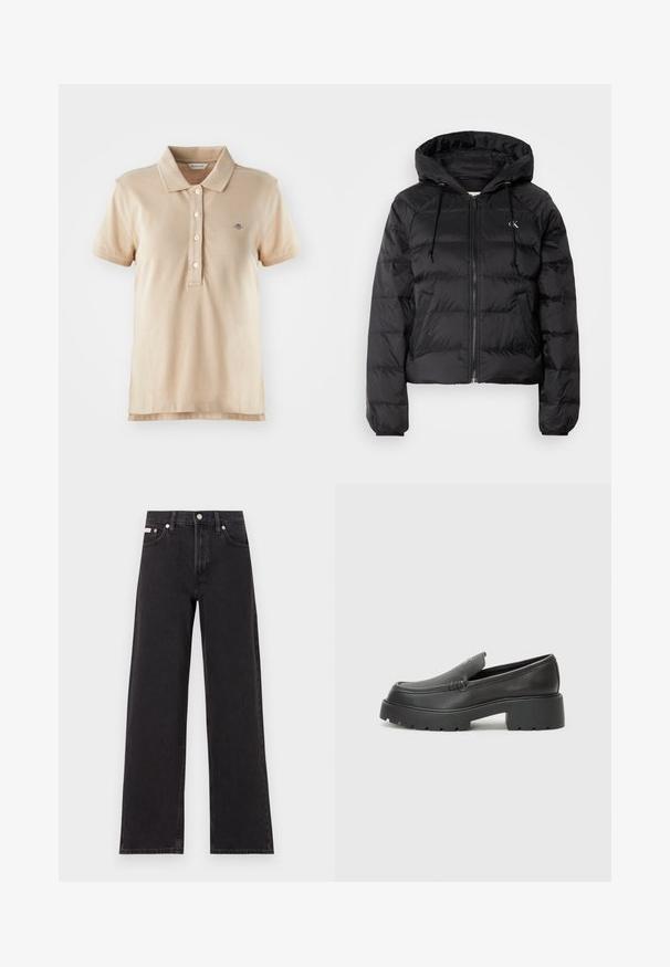 Calvin Klein Jeans LIGHTWEIGHT LOGO PUFFER - Ziemas jaka - black; Bežs polo krekls, kas izgatavots no kokvilnas, ar klasisku apkakli, trīs pogu aizdari, īsām piedurknēm un mazu izšūtu logotipu uz krūtīm.; Melni platmalu džinsi, kas izgatavoti no denima, ar augstu vidukli, piecu kabatu dizainu un metāla pogas aizdari ar kontrastējošu šuvumu.; Melnas ādas mokasīni ar noapaļotu purngalu, biezs teksturēts zoles un minimālas dūriena detaļas. Gluds dizains bez redzamām auklām vai metāla elementiem.