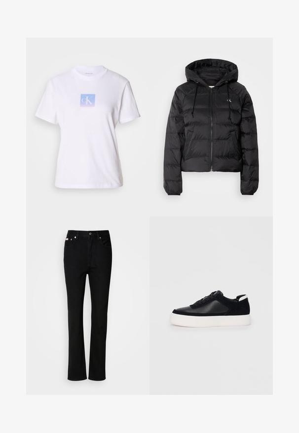 Calvin Klein Jeans LIGHTWEIGHT LOGO PUFFER - Talvitakki - black; Valkoinen puuvillapaita, jossa on neliön muotoinen pastellinsininen ja lila graafinen printti, jossa on keskellä kirjaimet "cK". Lyhyet hihat, pyöreä pääntie.; Mustat farkut, joissa on suora lahje, viisi taskua, napin ja vetoketjun sulkeminen sekä hienot metallidetaljit.; Musta lenkkari sileällä nahka- ja mokkanahkapaneelilla, litteät nauhat, pyöreä varvas sekä valkoinen kumipohja. Erottuva logo kantapäässä.