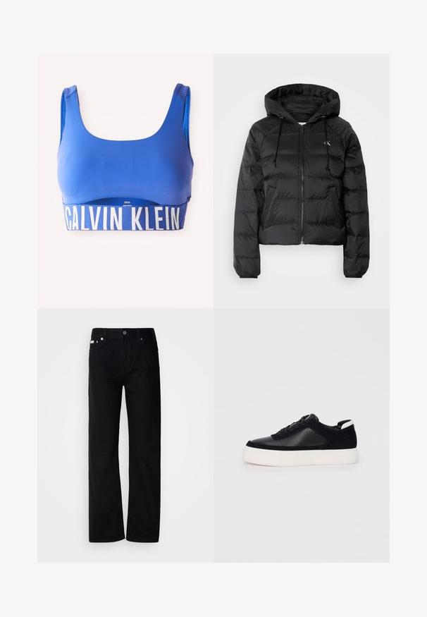 Calvin Klein Jeans LIGHTWEIGHT LOGO PUFFER - Téli dzseki - black; Kék sportmelltartó széles pántokkal, az alján nagy fehér "Calvin Klein" logós szalaggal, fehér háttér előtt bemutatva.; Fekete farmer egyenes fazonú nadrág öt zsebbel, ezüst szegecsekkel és gombos zárással. Az anyaga sima, enyhén texturált felületű.; Fekete sportcipő sima bőrből és velúr panelekkel, lapos fűzőkkel, kerek orral és fehér gumi talppal. Megkülönböztető logó a sarkán.