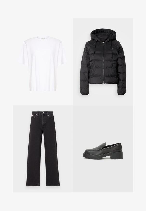 Calvin Klein Jeans LIGHTWEIGHT LOGO PUFFER - Giacca invernale - black; Gestuz SAMURILLY - T-shirt basic - bright white; Jeans neri a gamba larga in denim, con vita alta, styling a cinque tasche e chiusura con bottone metallico e cuciture a contrasto.; Mocassini in pelle nera con punta arrotondata, suola spessa e testurizzata, e minime cuciture. Design elegante senza lacci o parti metalliche visibili.