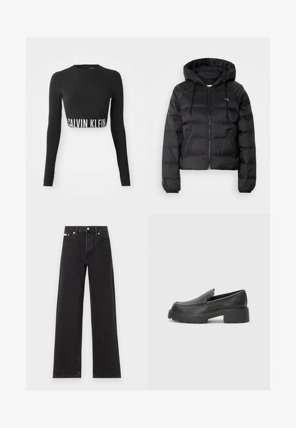 Calvin Klein Jeans LIGHTWEIGHT LOGO PUFFER - Casaco de inverno - black; Top cropped preto de manga longa com gola alta e faixa branca com o logótipo "Calvin Klein" à volta da cintura.; Jeans de perna larga pretos feitos de denim, apresentando uma cintura alta, estilo de cinco bolsos e um fecho em botão de metal com costura contrastante.; Mocassins de couro preto com bico arredondado, sola espessa e texturizada, e detalhes de costura minimalistas. Design elegante sem atacadores ou ferragens visíveis.