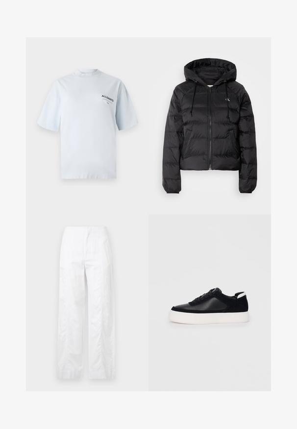 Calvin Klein Jeans LIGHTWEIGHT LOGO PUFFER - Ziemas jaka - black; Gaiši zils kokvilnas T-krekls ar īsām piedurknēm un augstu kakla izgriezumu, ar mazu melnu logotipu kreisajā krūšu daļā.; Baltas, plaša kāju bikses, izgatavotas no viegla auduma, ar gludu tekstūru, tīrām līnijām un augstu jostasvietu.; Melnas sporta kurpes ar gludu ādu un zamša paneļiem, plakaniem šņorēm, noapaļotu pirkstu daļu un baltu gumijas zolīti. Izteikts logo uz papēža.