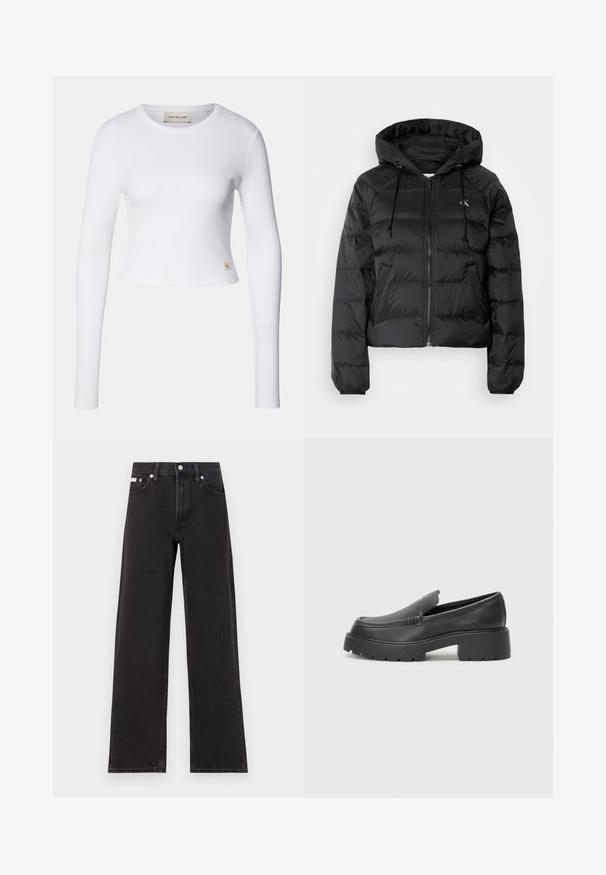 Calvin Klein Jeans LIGHTWEIGHT LOGO PUFFER - Winter jacket - black; White long-sleeve crop top made of ribbed fabric. Features a round neckline and a small logo tag on the lower left side.; Black wide-leg jeans made of denim, featuring a high-rise waist, five-pocket styling, and a metal button closure with contrasting stitching.; Black leather loafers with a rounded toe, thick textured sole, and minimal stitching details. Sleek design with no visible laces or hardware.