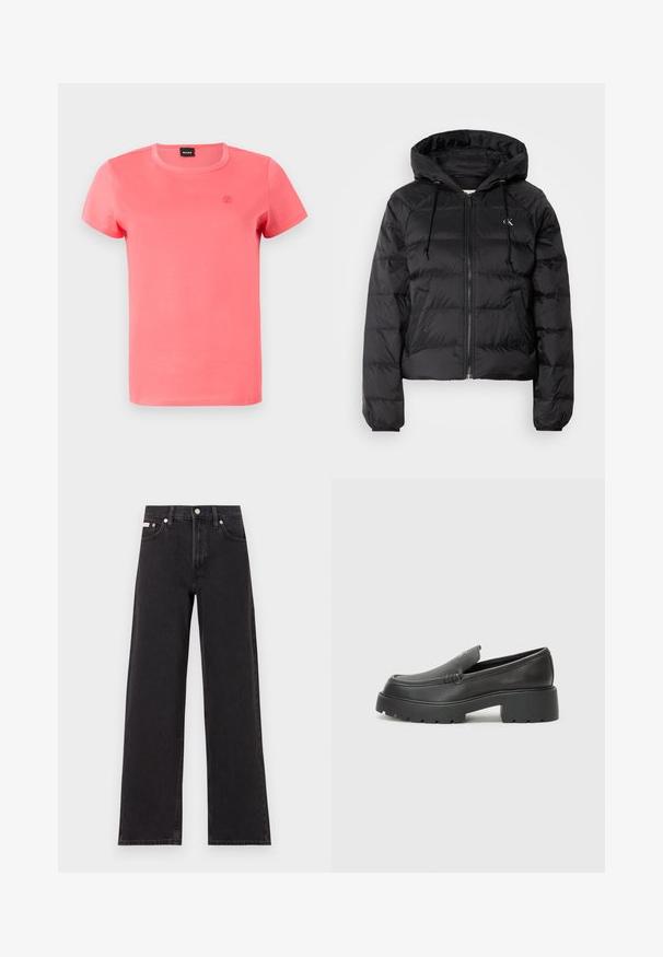 Calvin Klein Jeans LIGHTWEIGHT LOGO PUFFER - Ziemas jaka - black; Īsām piedurkņu T-krekls spilgti korallkrāsā, izgatavots no mīksta kokvilnas, ar apaļu kakla izgriezumu un nemanāmu logotipa izšuvumu uz krūtīm.; Melni platmalu džinsi, kas izgatavoti no denima, ar augstu vidukli, piecu kabatu dizainu un metāla pogas aizdari ar kontrastējošu šuvumu.; Melnas ādas mokasīni ar noapaļotu purngalu, biezs teksturēts zoles un minimālas dūriena detaļas. Gluds dizains bez redzamām auklām vai metāla elementiem.