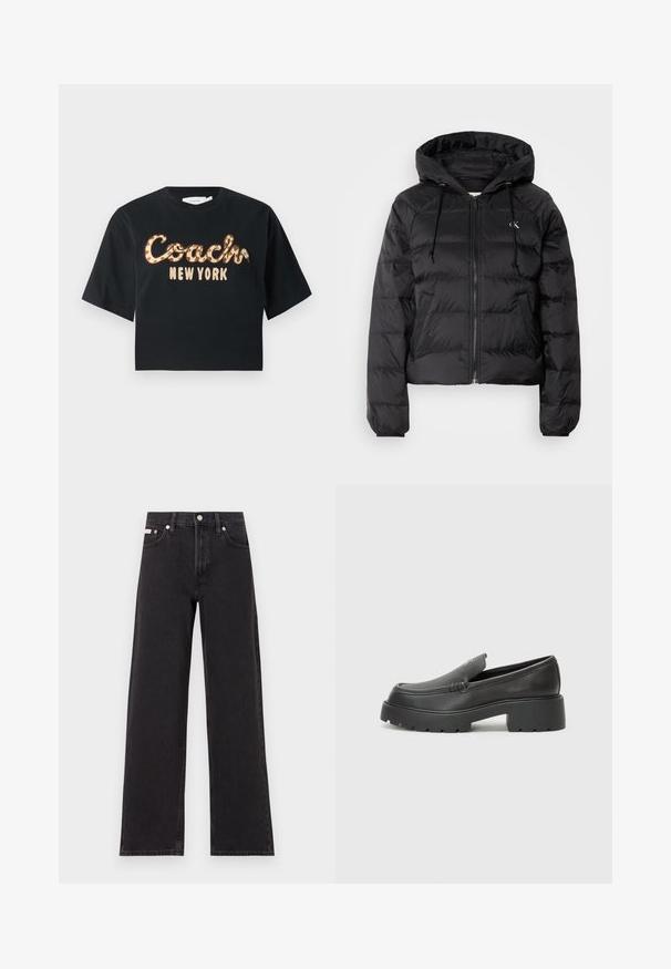 Calvin Klein Jeans - Kurtka zimowa; Czarna krótka koszulka z krótkim rękawem, zdobiona napisem "Coach" i "New York" w literach w leoparda na przodzie.; Czarne dżinsy o szerokich nogawkach, wykonane z denimu, z wysokim stanem, pięcioma kieszeniami oraz metalowym zapięciem z kontrastowym szwem.; Czarne skórzane mokasyny z zaokrąglonym noskiem, grubą fakturowaną podeszwą oraz minimalnymi detalami szycia. Elegancki design bez widocznych sznurowadeł czy elementów metalowych.