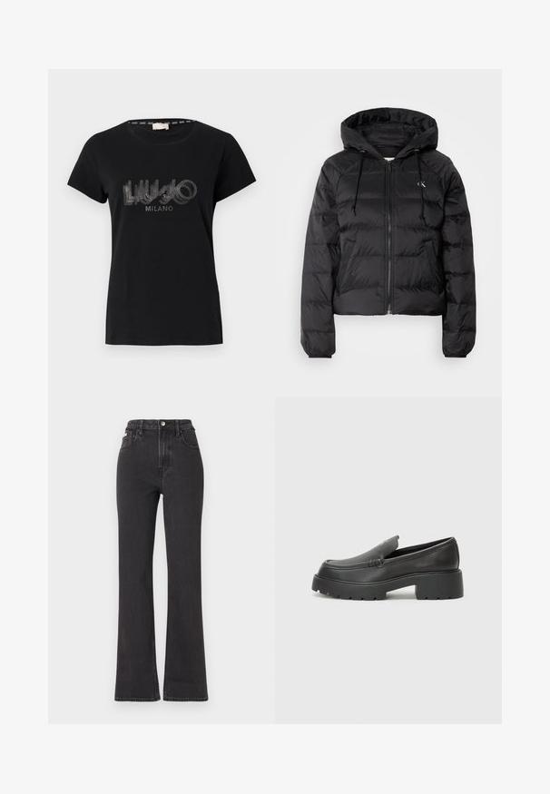 Calvin Klein Jeans LIGHTWEIGHT LOGO PUFFER - Winter jacket - black; Black cotton t-shirt featuring short sleeves and a round neckline, embellished with a glittery logo design that reads "LIU.JO MILANO."; Black high-waisted flared jeans made of denim, featuring a button closure, belt loops, and side pockets. Smooth texture with minimal fading.; Black leather loafers with a rounded toe, thick textured sole, and minimal stitching details. Sleek design with no visible laces or hardware.