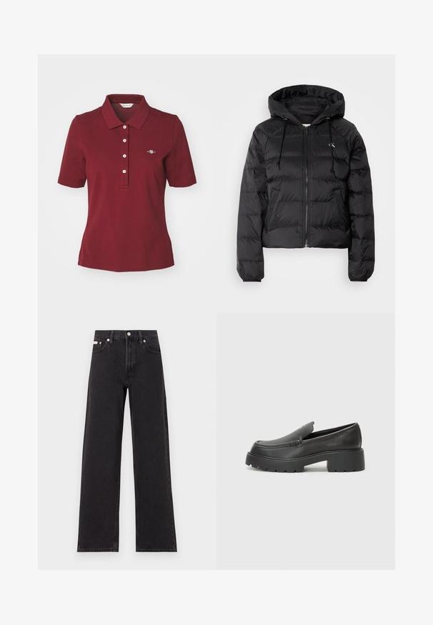 Calvin Klein Jeans LIGHTWEIGHT LOGO PUFFER - Winterjas - black; GANT SLIM FIT - Poloshirt - plumped red; Zwarte wijde spijkerbroeken van denim, met een hoge taille, vijf-pocket stijl en een metalen knoopsluiting met contrasterende stiksels.; Zwarte leren instappers met een ronde neus, dikke getextureerde zool en minimale stikseldetails. Strak ontwerp zonder zichtbare veters of hardware.