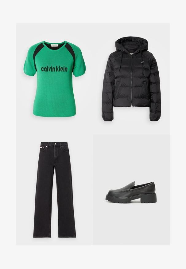 Calvin Klein Jeans LIGHTWEIGHT LOGO PUFFER - Žieminė striukė - black; Žalias megztas trumpomis rankovėmis marškinėliai su juodomis detalėmis ant pečių ir "calvinklein" juodu logotipu per priekį. Lygi tekstūra.; Juodos plačios kojų džinsai, pagaminti iš džinsinio audinio, su aukštu liemeniu, penkių kišenių stiliumi ir metaline sagte su kontrastingo siuvimo detalėmis.; Juodi odiniai loaferiai su apvaliu pirštu, storu tekstūruotu padu ir minimaliu siūlių dekoru. Išskirtinis dizainas be matomų raištelių ar furnitūros.