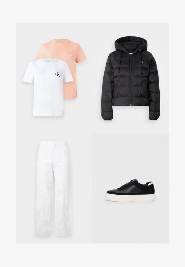 Calvin Klein Jeans LIGHTWEIGHT LOGO PUFFER - Casaco de inverno - black; Duas t-shirts de manga curta: uma branca com um logótipo CK preto, uma pêssego claro com um logótipo CK menor, ambas feitas de algodão suave.; Calças brancas de perna larga feitas de um tecido leve, com uma textura suave, linhas limpas e um design de cintura alta.; Sapatilha preta com painéis de pele lisa e camurça, atacadores planos, bico arredondado e sola de borracha branca. Logótipo distinto no calcanhar.