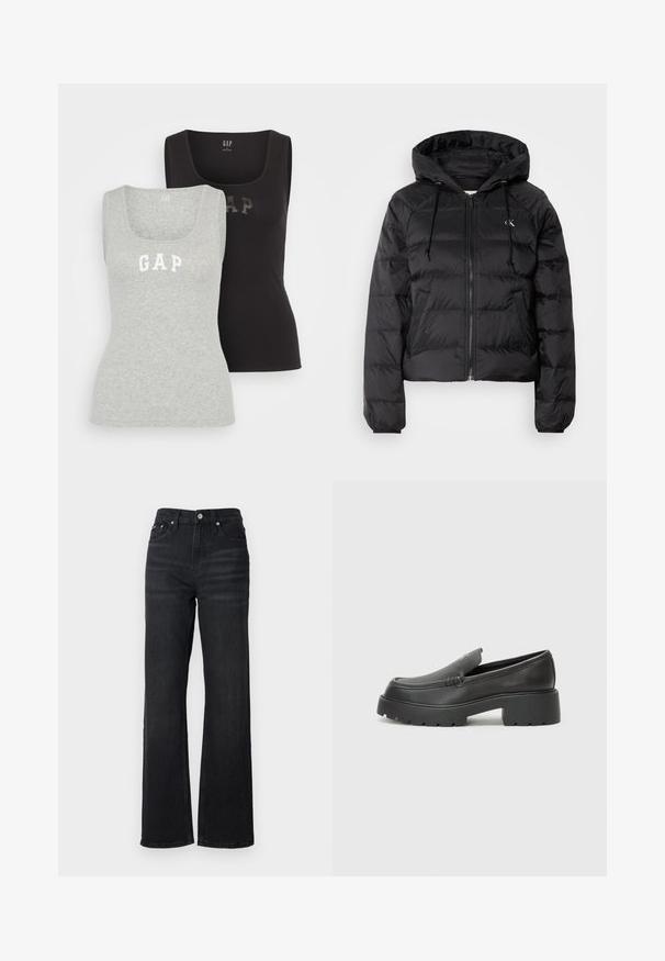 Calvin Klein Jeans LIGHTWEIGHT LOGO PUFFER - Zimska jakna - black; GAP TANK 2 PACK - Top - black/grey; Crne traperice širokih nogavica s visokim strukom, pet džepova i srebrnim metalnim gumbom. Tkanina ima glatku teksturu i laganu elastičnost.; Crne kožne loaferice s zaobljenim vrhom, debelim teksturiranim potplatom i minimalnim detaljima šivanja. Elegantna izrada bez vidljivih vezica ili metalnih elemenata.
