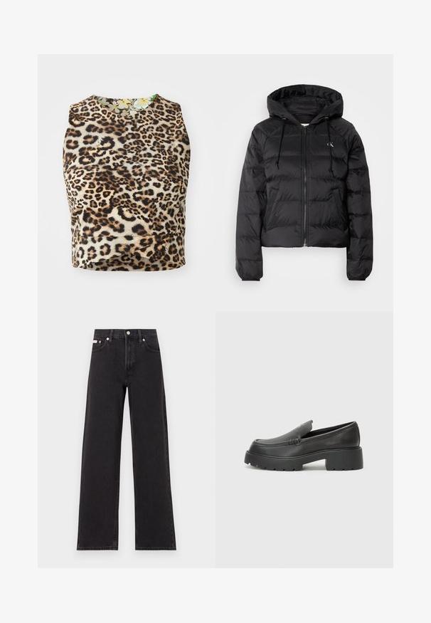 Calvin Klein Jeans LIGHTWEIGHT LOGO PUFFER - Jachetă de iarnă - black; Top fără mâneci cu imprimeu de leopard, realizat dintr-un material moale, având un decolteu rotund și căptușeală interioară cu model floral.; Jeanși negri cu picioare largi, fabricați din denim, cu talie înaltă, stil cu cinci buzunare și închidere cu nasture metalic, cu cusături contrastante.; Mocasini din piele neagră, cu vârf rotunjit, talpă groasă texturată și detalii minimale de cusătură. Design elegant, fără șireturi sau accesorii vizibile.