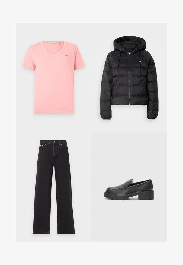 Calvin Klein Jeans LIGHTWEIGHT LOGO PUFFER - Vinterjacka - black; Rosa V-ringad T-shirt gjord av mjuk bomull, med korta ärmar och en liten logotyp på vänster bröst. Enkel, enfärgad design.; Svarta vida jeans i denim med hög midja, fem fickor och metallknappstängning med kontrasterande sömmar.; Svarta läderloafers med rund tå, tjockt strukturerat såle och minimala sömnadsdetaljer. Snygg design utan synliga snören eller beslag.