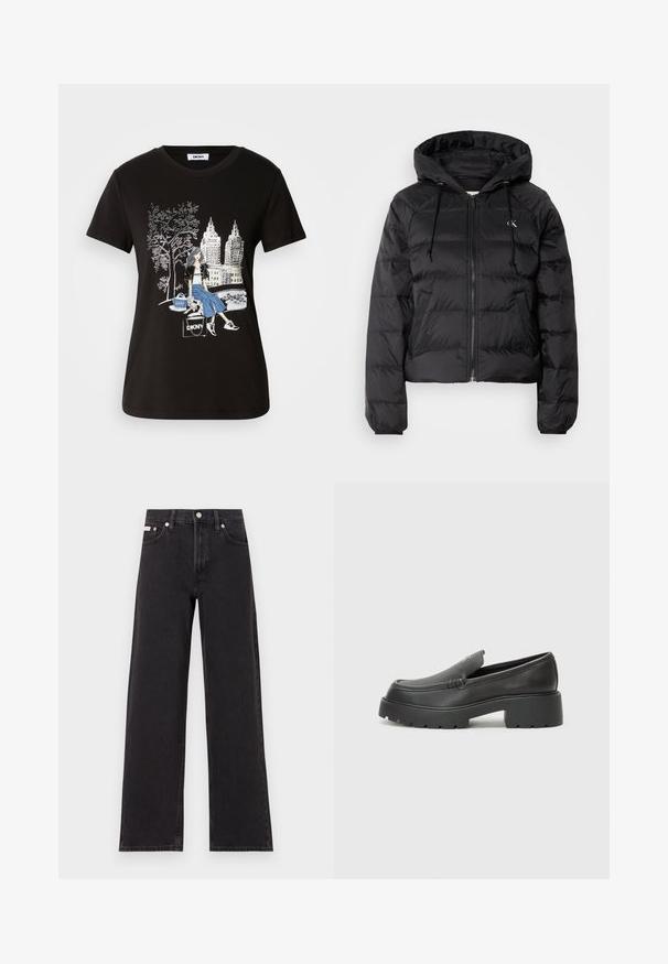 Calvin Klein Jeans LIGHTWEIGHT LOGO PUFFER - Zimska jakna - black; Črna bombažna majica s grafičnim dizajnom ženske, ki ima drevo in mestno pokrajino, poudarja kontrastne barve in zapletene detajle.; Črne široke jeans hlače iz denima, s poudarjenim pasom, petimi žepi in kovinskim gumbom za zapiranje ter kontrastnim šivanjem.; Črne usnjene loafers čevlje z zaobljenim nosom, debelim teksturiranim podplatom in minimalnimi šivi. Elegantna zasnova brez vidnih vezalk ali kovinskih delov.