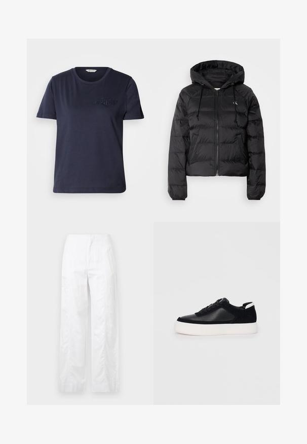 Calvin Klein Jeans LIGHTWEIGHT LOGO PUFFER - Winter jacket - black; Navy blue cotton t-shirt with a crew neck, short sleeves, and an embroidered logo on the left chest. Smooth texture and relaxed fit.; White wide-leg trousers made of lightweight fabric, featuring a smooth texture, clean lines, and a high waist design.; Black sneaker with smooth leather and suede panels, flat laces, rounded toe, and a white rubber sole. Distinct logo on the heel.