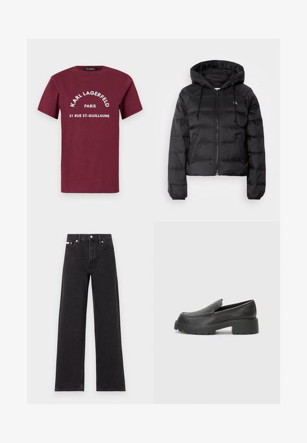 Calvin Klein Jeans LIGHTWEIGHT LOGO PUFFER - Casaco de inverno - black; T-shirt de manga curta burgundy com o texto branco "KARL LAGERFELD PARIS 21 RUE ST-GUILLAUME" impresso no centro da frente.; Jeans de perna larga pretos feitos de denim, apresentando uma cintura alta, estilo de cinco bolsos e um fecho em botão de metal com costura contrastante.; Mocassins de couro preto com bico arredondado, sola espessa e texturizada, e detalhes de costura minimalistas. Design elegante sem atacadores ou ferragens visíveis.
