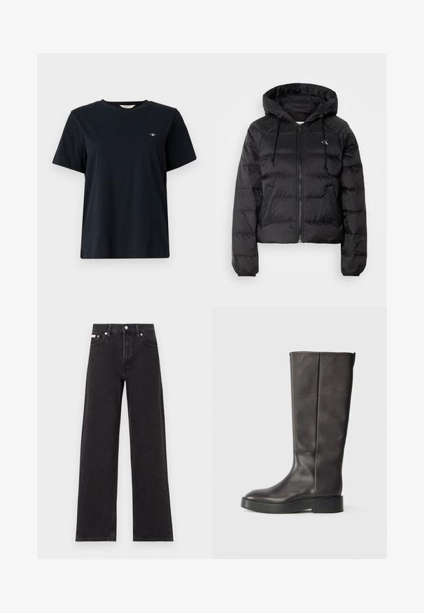 Calvin Klein Jeans LIGHTWEIGHT LOGO PUFFER - Casaco de inverno - black; T-shirt de algodão preto com mangas curtas, decote redondo e pequeno detalhe de logotipo bordado no lado esquerdo do peito. Corte clássico e descontraído.; Jeans de perna larga pretos feitos de denim, apresentando uma cintura alta, estilo de cinco bolsos e um fecho em botão de metal com costura contrastante.; Bota de couro preta até o joelho com sola grossa e logo discreto da Calvin Klein próximo à borda superior, vista de lado.
