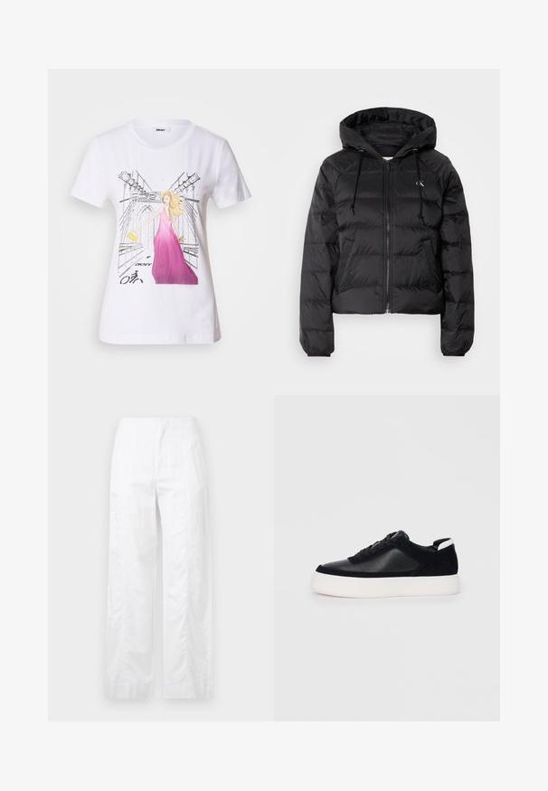 Calvin Klein Jeans LIGHTWEIGHT LOGO PUFFER - Casaco de inverno - black; Camiseta branca de algodão com um gráfico de uma mulher em um vestido rosa numa rua da cidade, com o logotipo da DKNY impresso e um símbolo de bicicleta.; Calças brancas de perna larga feitas de um tecido leve, com uma textura suave, linhas limpas e um design de cintura alta.; Sapatilha preta com painéis de pele lisa e camurça, atacadores planos, bico arredondado e sola de borracha branca. Logótipo distinto no calcanhar.