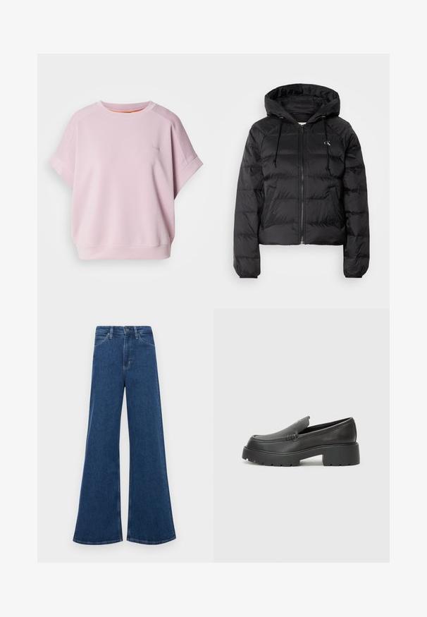 Calvin Klein Jeans LIGHTWEIGHT LOGO PUFFER - Talvejope - black; Roosa pehme materjalist dressipluus, millel on lõdva istuvuse, lühikesed varrukad ja väike tikandiga logo ees.; Sinine denimist laienevad teksad kõrge vöökoha ja viie taskuga, nupuvajutusega kinnituse ning kontrastsete õmblustega õmblustel.; Mustad nahast loafers ümarate varvastega, paksu tekstuuriga tald ja minimaalsete õmbluse detailidega. Viimistletud disain, kus pole nähtavaid paelu ega riistu.