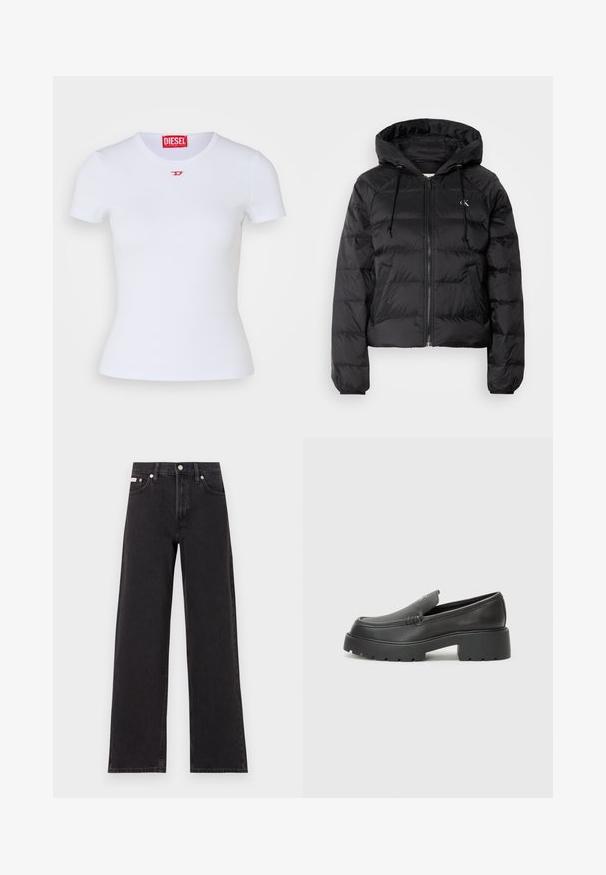 Calvin Klein Jeans LIGHTWEIGHT LOGO PUFFER - Chaqueta de invierno - black; Camiseta ajustada blanca de manga corta. Textura acanalada, escote redondo. Pequeño logotipo rojo "D" en el pecho. Fabricada con tejido elástico.; Jeans anchos de mezclilla negros, con cintura alta, cinco bolsillos y cierre de botón metálico con costuras contrastantes.; Mocasines de piel negra con punta redondeada, suela texturizada gruesa y mínimos detalles de costura. Diseño elegante sin cordones o herrajes visibles.