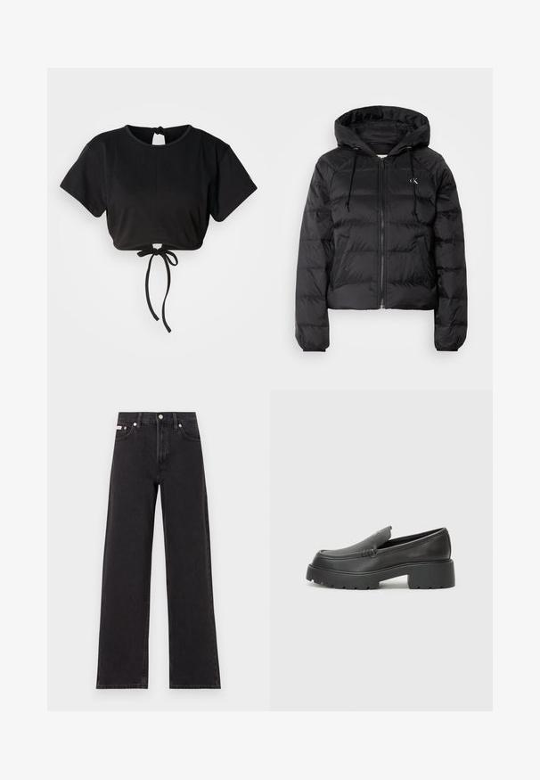 Calvin Klein Jeans LIGHTWEIGHT LOGO PUFFER - Casaco de inverno - black; Camiseta preta curta feita de tecido suave, com mangas curtas, decote redondo e um detalhe de laço nas costas para ajuste.; Jeans de perna larga pretos feitos de denim, apresentando uma cintura alta, estilo de cinco bolsos e um fecho em botão de metal com costura contrastante.; Mocassins de couro preto com bico arredondado, sola espessa e texturizada, e detalhes de costura minimalistas. Design elegante sem atacadores ou ferragens visíveis.