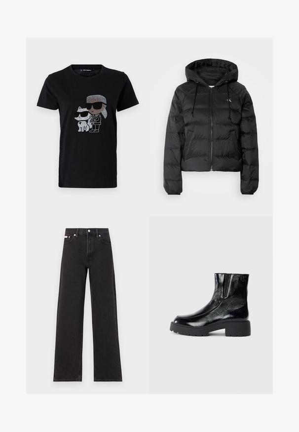 Calvin Klein Jeans LIGHTWEIGHT LOGO PUFFER - Casaco de inverno - black; T-shirt de algodão preto com um gráfico de strass de uma pessoa e um gato branco, ambos a usar óculos de sol. Gola redonda e mangas curtas.; Jeans de perna larga pretos feitos de denim, apresentando uma cintura alta, estilo de cinco bolsos e um fecho em botão de metal com costura contrastante.; Botas de tornozelo pretas com acabamento em pele envernizada brilhante, sola de borracha preta robusta e salto elevado; inclui um detalhe discreto do logótipo na lateral.