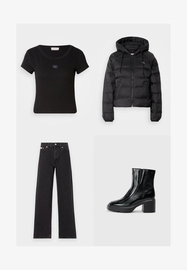 Calvin Klein Jeans LIGHTWEIGHT LOGO PUFFER - Žieminė striukė - black; Juodas trumpomis rankovėmis marškinėliai su raukšlėtu paviršiumi, su maža logotipo etikete ant krūtinės ir apvaliu iškirpimu.; Juodos plačios kojų džinsai, pagaminti iš džinsinio audinio, su aukštu liemeniu, penkių kišenių stiliumi ir metaline sagte su kontrastingo siuvimo detalėmis.; Juodi lakiniai auliniai batai iki kulkšnies, su išlenktu pirštu, elastinėmis šoninėmis panelėmis ir masyviu blokuotu kulnu. Apdailoje užpakalinėje dalyje įspaustas logotipas.