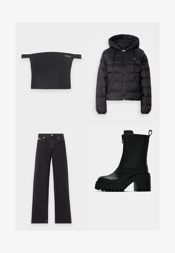Calvin Klein Jeans LIGHTWEIGHT LOGO PUFFER - Žieminė striukė - black; Juoda trumpa palaidinė su nuleistais petnešėlėmis, pagaminta iš lygaus audinio. Su siaurais petnešėlėmis ir mažu baltu Calvin Klein logotipu priekyje.; Juodos plačios kojų džinsai, pagaminti iš džinsinio audinio, su aukštu liemeniu, penkių kišenių stiliumi ir metaline sagte su kontrastingo siuvimo detalėmis.; Juodas odinis kulkšninis batas su masyviu pado, blokiniu kulnu, šonine užtrauktuku ir kilpute gale ant paprasto balto fono.