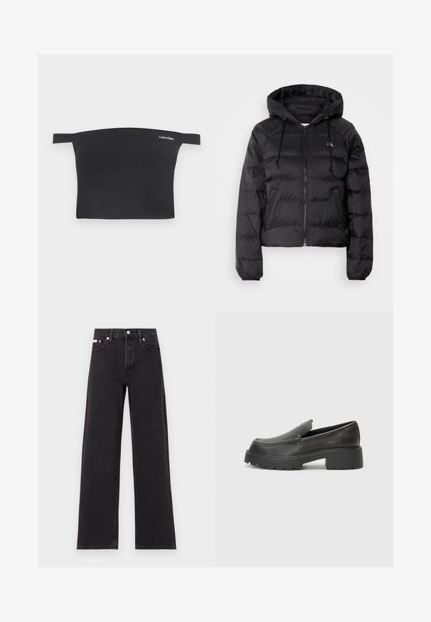 Calvin Klein Jeans LIGHTWEIGHT LOGO PUFFER - Winterjas - black; Zwarte crop top met off-shoulder ontwerp, gemaakt van een gladde stof. Bevat smalle bandjes en een klein wit Calvin Klein-logo aan de voorkant.; Zwarte wijde spijkerbroeken van denim, met een hoge taille, vijf-pocket stijl en een metalen knoopsluiting met contrasterende stiksels.; Zwarte leren instappers met een ronde neus, dikke getextureerde zool en minimale stikseldetails. Strak ontwerp zonder zichtbare veters of hardware.