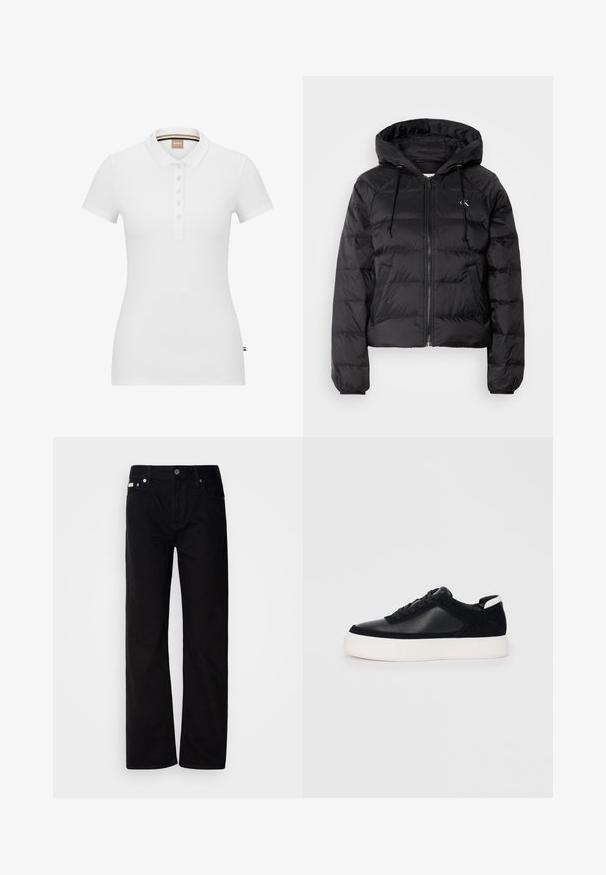 Calvin Klein Jeans - Kurtka zimowa; Biała koszulka polo wykonana z bawełny, z krótkimi rękawami, kołnierzykiem i zapięciem na guziki. Dyskretny logo marki wyszyte na piersi.; Czarne dżinsowe spodnie straight-leg z pięcioma kieszeniami, srebrnymi nity i zapięciem na guziki. Materiał ma gładkie, lekko teksturowane wykończenie.; Czarne sneakersy z gładkiej skóry i zamszowymi panelami, płaskimi sznurowadłami, zaokrąglonym noskiem i białą gumową podeszwą. Wyraźne logo na pięcie.
