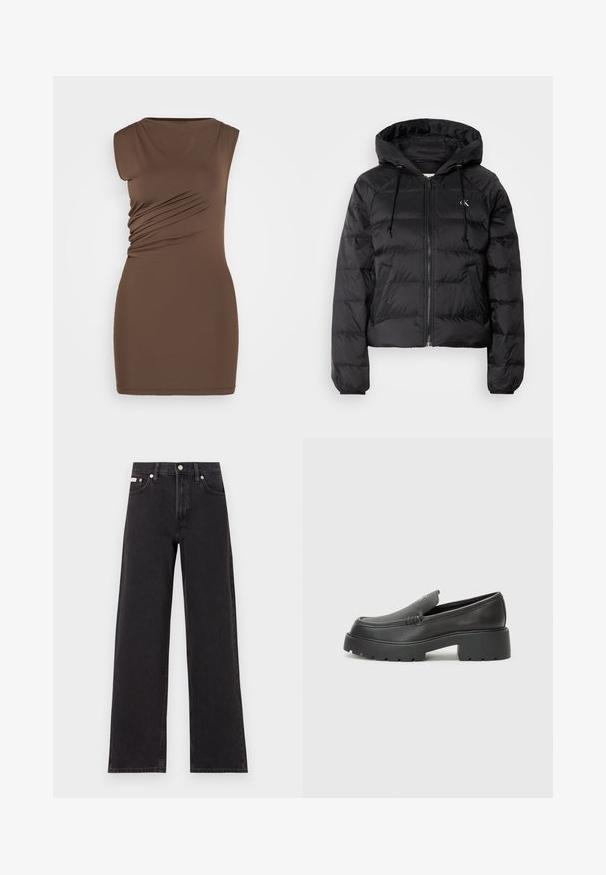 Calvin Klein Jeans LIGHTWEIGHT LOGO PUFFER - Zimska jakna - black; Rjava, brezrokavna obleka s prilegajočim silhueto. Ima stranske naborke in gladek, raztegljiv material. Preprost okrogli izrez, dolžina nad koleni.; Črne široke jeans hlače iz denima, s poudarjenim pasom, petimi žepi in kovinskim gumbom za zapiranje ter kontrastnim šivanjem.; Črne usnjene loafers čevlje z zaobljenim nosom, debelim teksturiranim podplatom in minimalnimi šivi. Elegantna zasnova brez vidnih vezalk ali kovinskih delov.