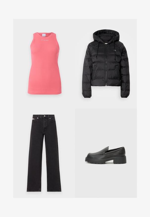 Calvin Klein Jeans LIGHTWEIGHT LOGO PUFFER - Winter jacket - black; Sleeveless pink ribbed tank top with a round neckline, featuring a small white "PINKO" logo centered at the chest.; Black wide-leg jeans made of denim, featuring a high-rise waist, five-pocket styling, and a metal button closure with contrasting stitching.; Black leather loafers with a rounded toe, thick textured sole, and minimal stitching details. Sleek design with no visible laces or hardware.