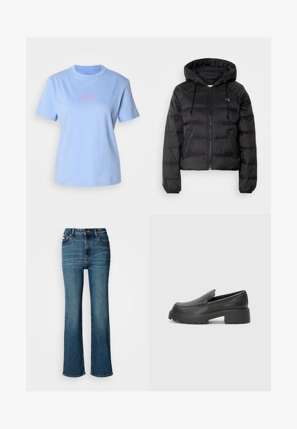 Calvin Klein Jeans LIGHTWEIGHT LOGO PUFFER - Zimska jakna - black; Svijetloplavi pamučni majica s okruglim izrezom, kratkim rukavima i središnjim rozim logotipom Calvin Klein. Mekana tekstura i klasičan kroj.; Visoko pasne modre jeans hlače iz denima, s straight leg dizajnom, rahlim bledenjem in standardnim gumbom ter zadrgo.; Črne usnjene loafers čevlje z zaobljenim nosom, debelim teksturiranim podplatom in minimalnimi šivi. Elegantna zasnova brez vidnih vezalk ali kovinskih delov.