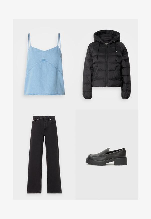 Calvin Klein Jeans LIGHTWEIGHT LOGO PUFFER - Giacca invernale - black; Camisole in denim blu chiaro con spalline sottili, scollatura a V e dettagli geometrici nelle cuciture. Tessuto morbido e vestibilità leggermente rilassata.; Jeans neri a gamba larga in denim, con vita alta, styling a cinque tasche e chiusura con bottone metallico e cuciture a contrasto.; Mocassini in pelle nera con punta arrotondata, suola spessa e testurizzata, e minime cuciture. Design elegante senza lacci o parti metalliche visibili.