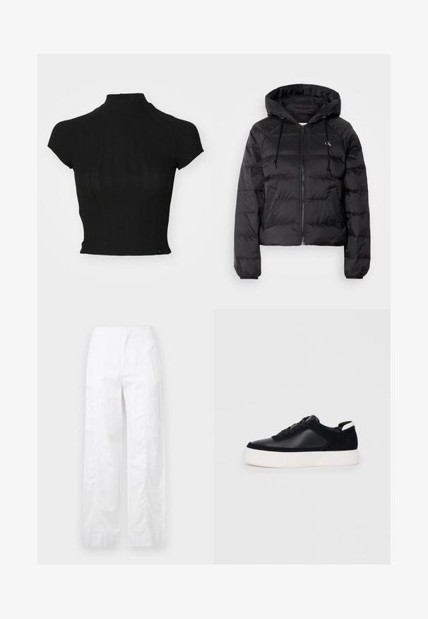 Calvin Klein Jeans LIGHTWEIGHT LOGO PUFFER - Winter jacket - black; Black cropped top made from ribbed knit fabric, featuring a high neck, short capped sleeves, and a small brand tag at the bottom left.; White wide-leg trousers made of lightweight fabric, featuring a smooth texture, clean lines, and a high waist design.; Black sneaker with smooth leather and suede panels, flat laces, rounded toe, and a white rubber sole. Distinct logo on the heel.