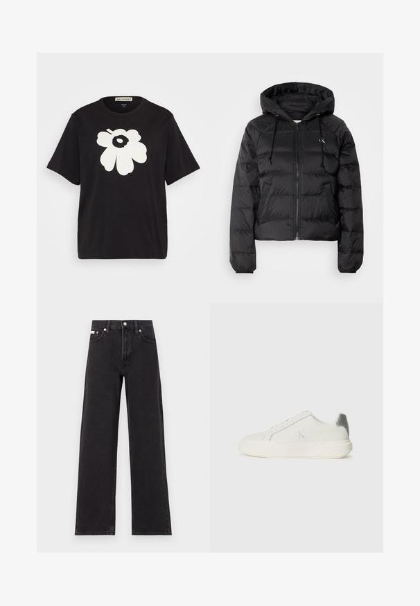Calvin Klein Jeans - Kurtka zimowa; Czarna bawełniana koszulka z dużym białym wzorem kwiatowym z przodu, krótkie rękawy i luźny krój. Metka umieszczona na szyi.; Czarne dżinsy o szerokich nogawkach, wykonane z denimu, z wysokim stanem, pięcioma kieszeniami oraz metalowym zapięciem z kontrastowym szwem.; Biała sneakersy wykonane ze skóry o gładkiej fakturze, z metalicznym akcentem na pięcie, płaską podeszwą i minimalistycznym designem.