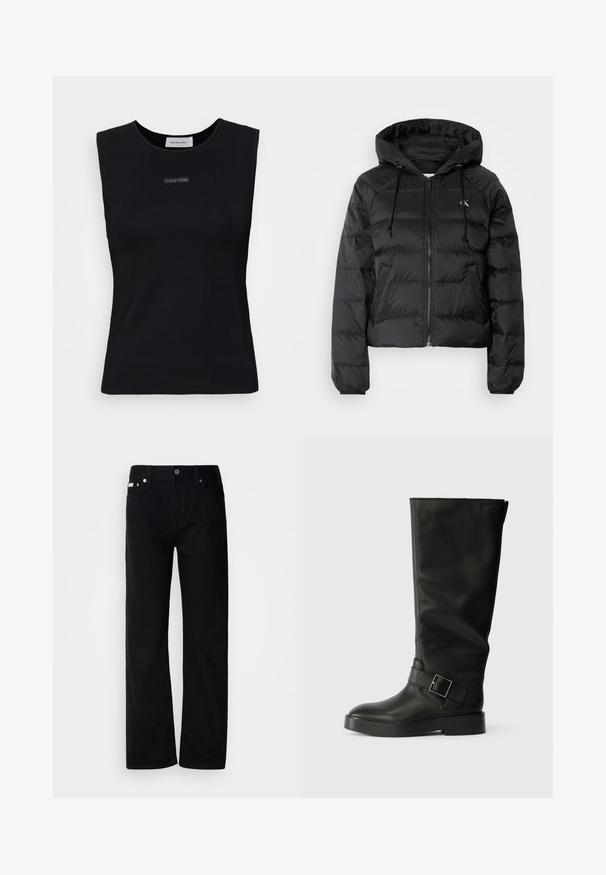 Calvin Klein Jeans LIGHTWEIGHT LOGO PUFFER - Casaco de inverno - black; Top preto sem mangas feito de tecido suave. Apresenta um decote redondo e um pequeno logótipo da Calvin Klein ao centro. Design simples e ajustado.; Calças de ganga pretas de perna reta com cinco bolsos, rebites prateados e fecho de botão. O tecido tem um acabamento suave e ligeiramente texturizado.; Botas altas pretas feitas de couro liso, com bico arredondado, sola grossa e uma faixa horizontal com um detalhe de fivela retangular.